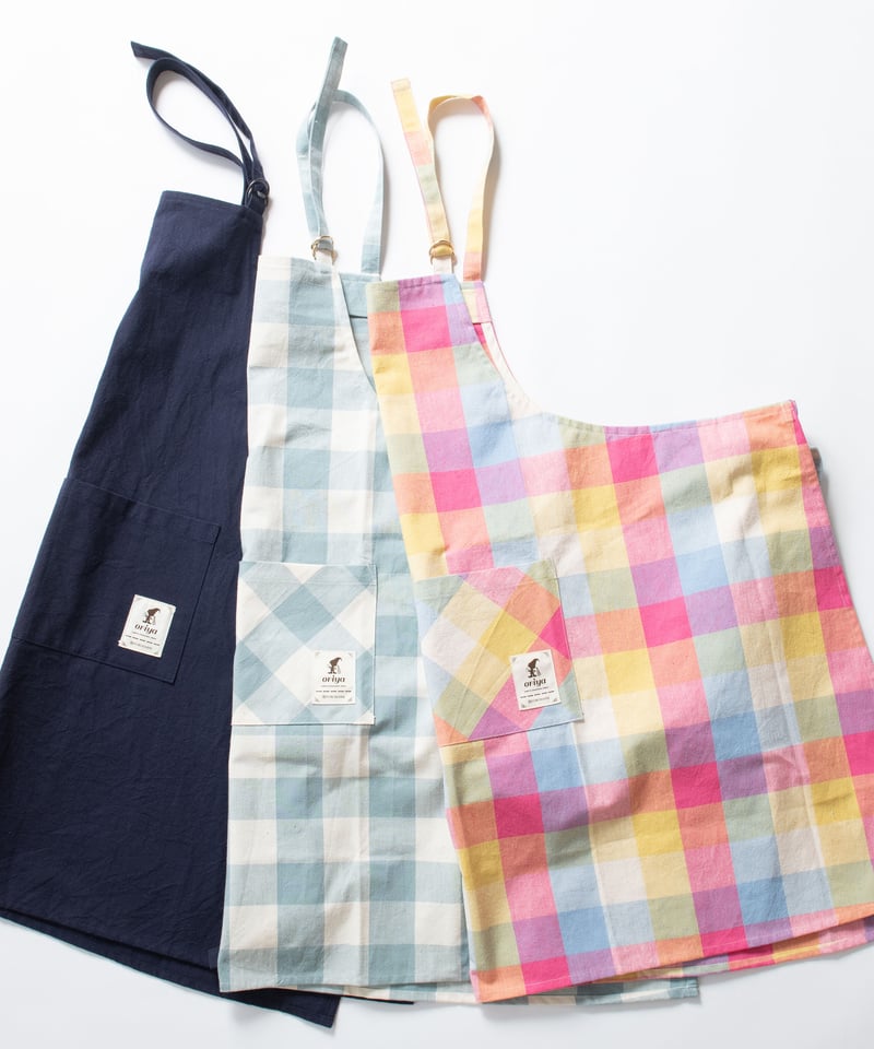 エプロン》oriya 先染めボタニカル・エプロン（ロング）ゴボウチェック