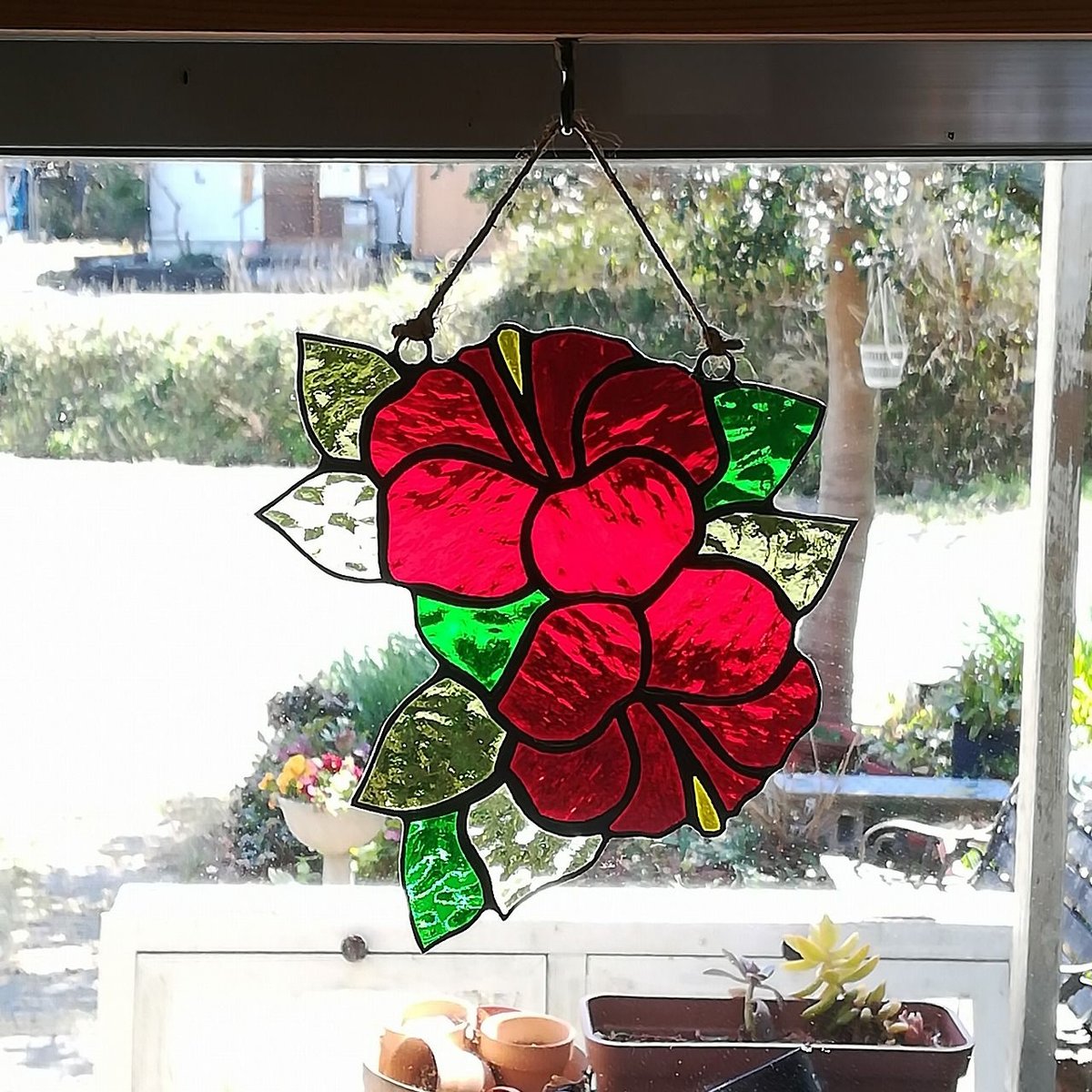 ステンドグラス No.2 カット済みキット】2輪のハイビスカス・サンキャッチャー