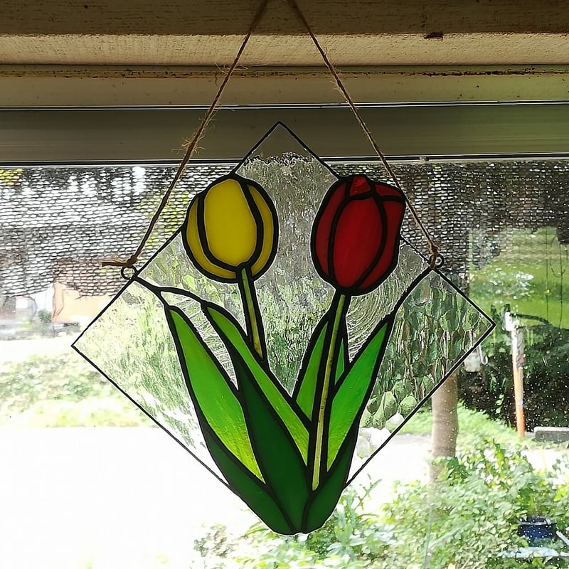 ステンドグラス♦︎赤いチューリップ ステンドグラス・赤いチューリップの6面ランプ 346 スタンドライト