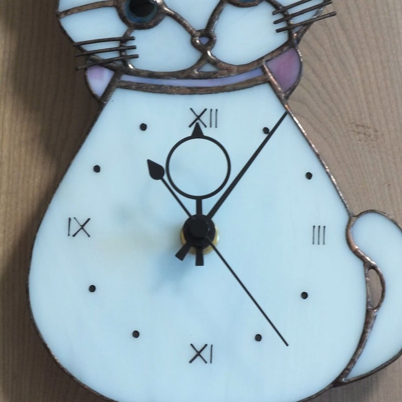 カット済みキット】猫の時計・白猫 | ステンドグラス材料販売 W3