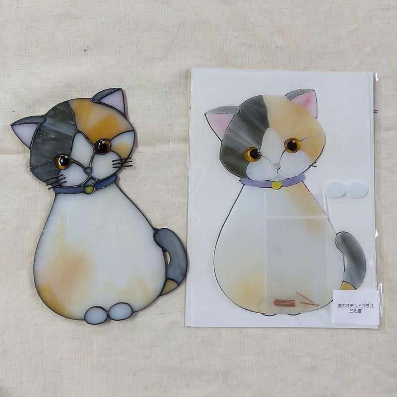3匹の猫の親子 ヴィンテージ ステンドグラス 子猫 キャット グラス