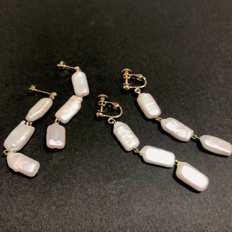 3連スクエアパールピアス／イヤリング -3 Square Pearl Earrings