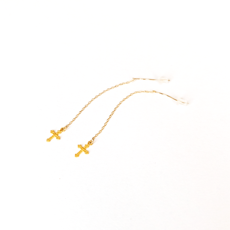 ゴールドチェーンクロスピアス／イヤリング - Gold Chain Cross