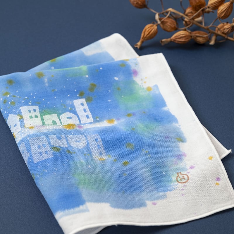 手染め布 ガーゼ ガーゼハンカチ / 手描き染め / 星降る街 | 染め屋ひよこまめ