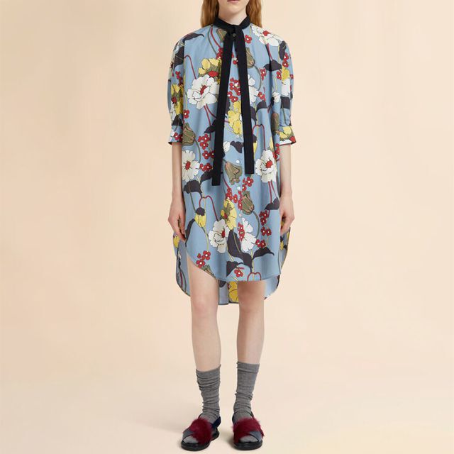 マルニ Marni ラウンドネックフラワープリントドレス コットン ブルー
