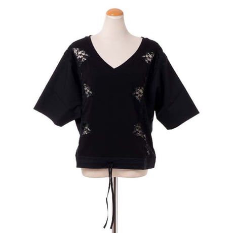 エルマノシェルビーノ ermanno scervino Vネックショート丈レーストップス コットンジャージー他 ブラック