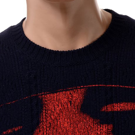 ラフシモンズ RAF SIMONS Loose fit braid relief roundneck sweater printed ウール ダークネイビー