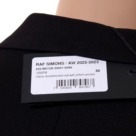 ラフシモンズ RAF SIMONS Classic doublebrested coat with uniform pockets リサイクルポリエステル ブラック