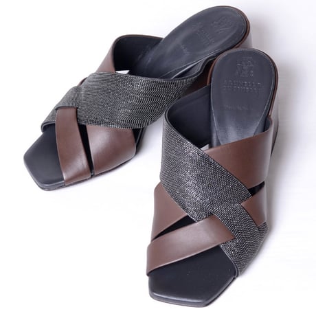 ブルネロクチネリ Brunello Cucinelli スクエアサンダル 牛革 ブラウンミックス