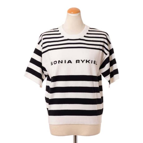 ソニアリキエル SONIA RYKIEL 半袖ロゴボーダーセーター コットンカシミア ホワイトブラック