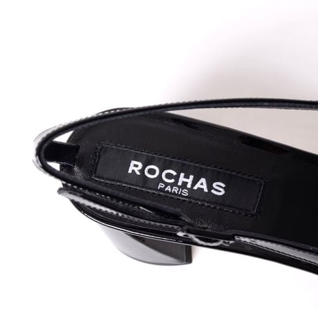 ロシャス ROCHAS ロゴプレート付きパンプス パテントレザー ブラック