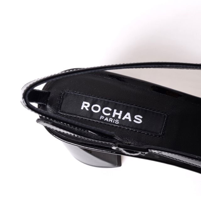 ロシャス ROCHAS ロゴプレート付きパンプス パテントレザー ブラック