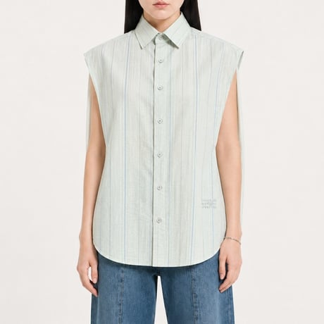 エムエムシックス メゾンマルジェラ MM6 MAISON MARGIELA 襟付き変形ブラウス コットン グリーンストライプ