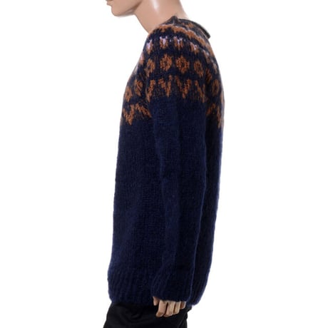ラフシモンズ RAF SIMONS ラウンドニットジャガードニットセーター ウールミックス ネイビー
