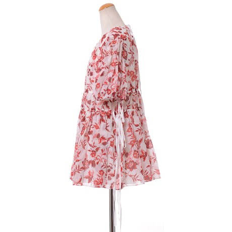 アーデム ERDEM パフスリーブプリントブラウス コットンシルク ホワイトレッド