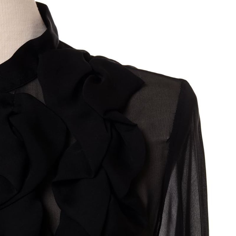 ロシャス ROCHAS フリル使い長袖ブラウス シルクシフォン ブラック 