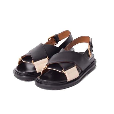 マルニ Marni フスベットクリスクロスサンダル レザー ブラックシルクホワイト