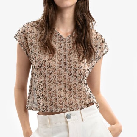 クリスティーナティ Kristina Ti VネックTシャツ パワーネット ベージュプリント
