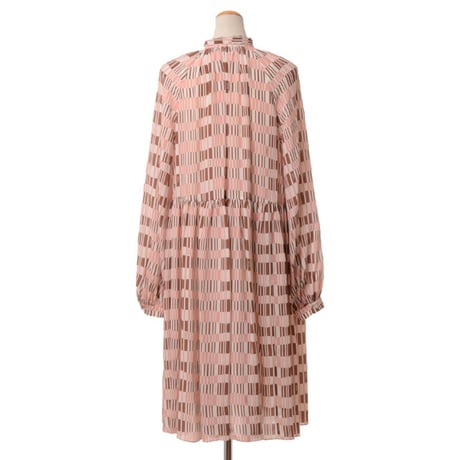 ロシャス ROCHAS ボウタイ付き長袖ワンピース シルク ベージュピンクプリント