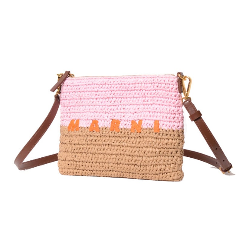 【極美品】23SS 定価13.8万 MARNI マルニ BEY ベイ ラフィア マルニ Marni Seaside ポーチ ペーパーラフィア製 ピンク＆ブラウン