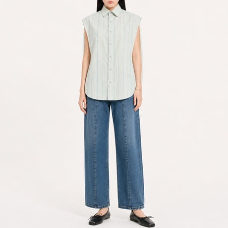 エムエムシックス メゾンマルジェラ MM6 MAISON MARGIELA 襟付き変形ブラウス コットン グリーンストライプ