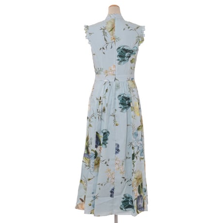 アーデム ERDEM ロングフリルノースリーブドレス コットン ブループリント