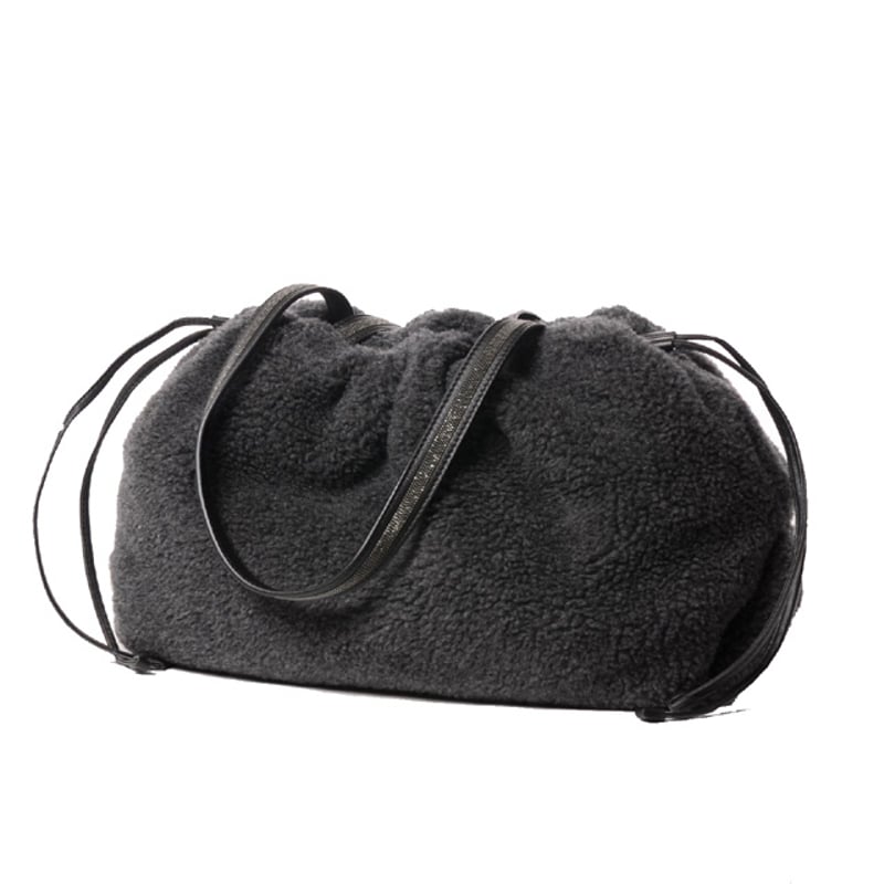 BRUNELLO CUCINELLI ムートンレザー　Lサイズ ブルネロクチネリ Brunello Cucinelli 巾着バッグ ムートン グレー | YO