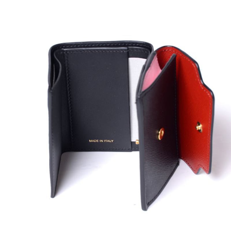 マルニ　三つ折りウォレット　サフィアーノレザー　ブラック　ピンク　レッド　赤　黒 マルニ 三つ折りウォレット サフィアーノレザー ブラック ピンク