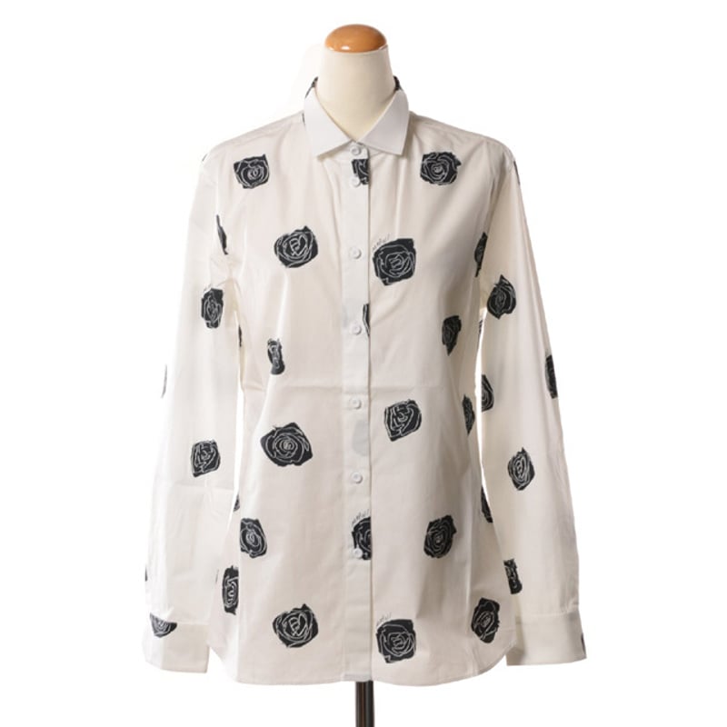 マルニ Marni ローズプリント長袖ブラウス コットン ホワイトブラック