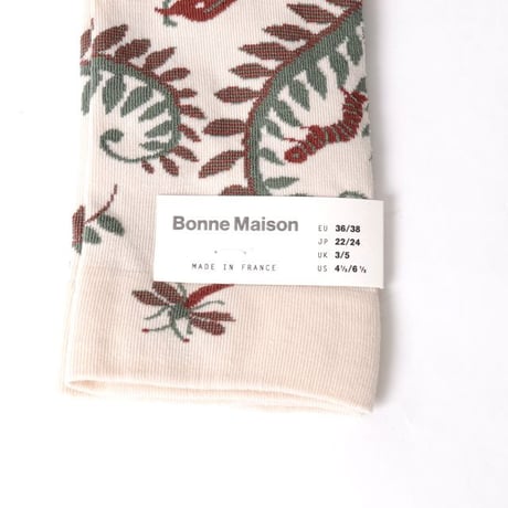 ボンヌメゾン Bonne Maison 蔦柄バードソックス コットンストレッチ ホワイト