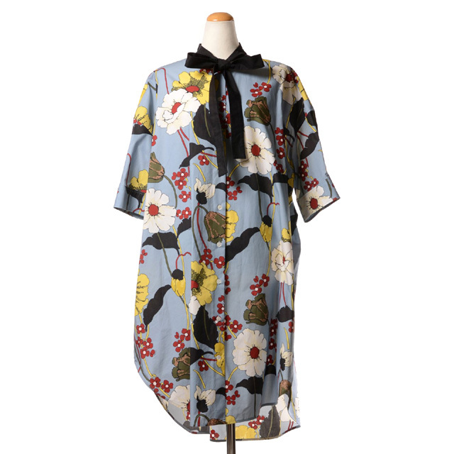 マルニ Marni ラウンドネックフラワープリントドレス コットン ブルー