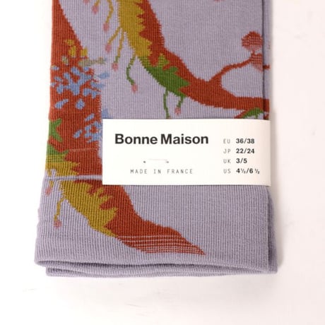 ボンヌメゾン Bonne Maison 秋の深い森の柄ソックス 最高級のエジプト綿 薄いパープルカラー 正規取扱