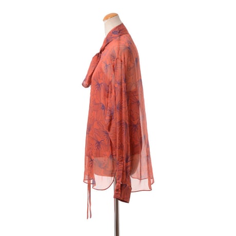 ロシャス ROCHAS ボウタイ付き長袖ブラウス シルク ダークオレンジプリント