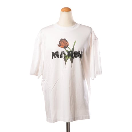 マルニ Marni ローズプリント ロゴTシャツ コットン ホワイト 半袖 レディース 正規取扱