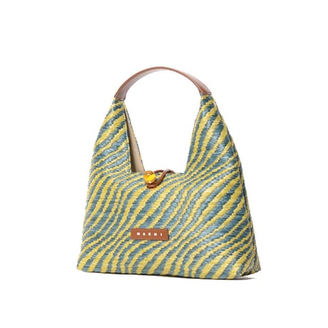 マルニ Marni Trapeze ミニトップハンドルバッグ 波模様のラフィアエフェクト グリーン 正規取扱