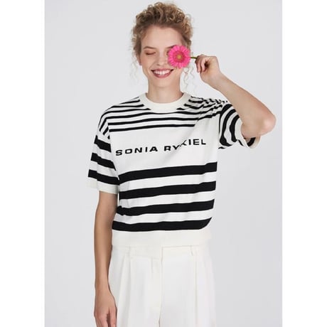 ソニアリキエル SONIA RYKIEL 半袖ロゴボーダーセーター コットンカシミア ホワイトブラック
