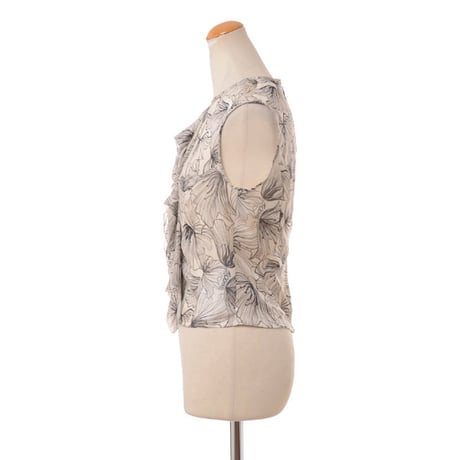 ロシャス ROCHAS フリルノースリーブブラウス シルク ナチュラルプリント