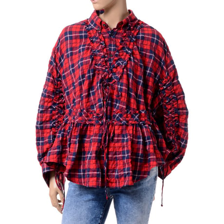 ディースクエアード Dsquared2 袖シャーリングフリルブラウス コットンストレッチ チェック
