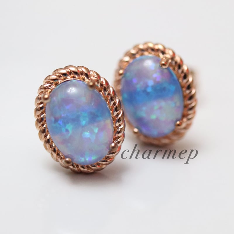 P220】人工ブルーオパールのオーバルミル打ちピンクゴールドピアス P220】人工ブルーオパールのオーバルミル打ちピンクゴールドピアス