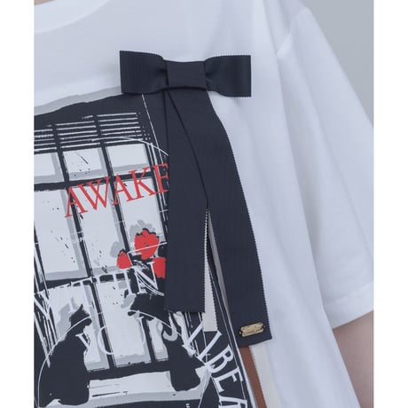 モノクロアートプリントリボンモチーフTシャツ