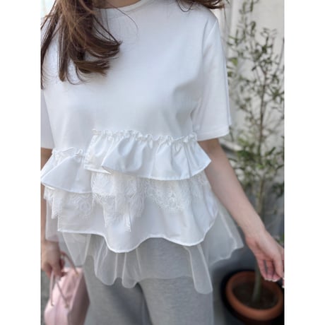 レース×チュールアシンメトリーカットソー