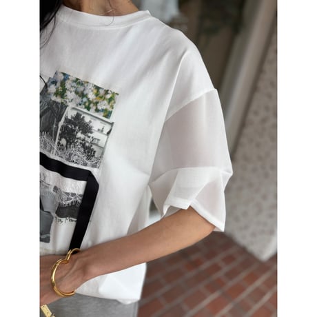フォトコラージュプリントメッシュスリーブTシャツ