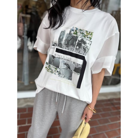 フォトコラージュプリントメッシュスリーブTシャツ