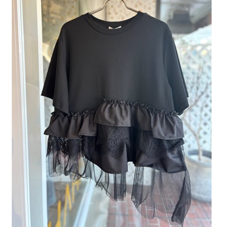 レース×チュールアシンメトリーカットソー