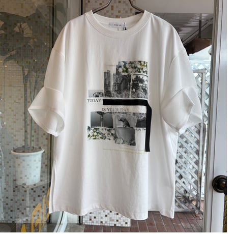 フォトコラージュプリントメッシュスリーブTシャツ