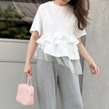 レース×チュールアシンメトリーカットソー