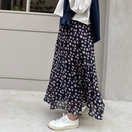 ラメシフォンフラワープリントスカート