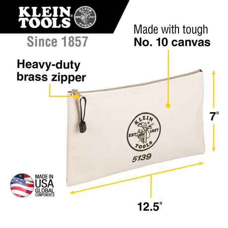 【KLEIN TOOLS】5139 Zipper Bag, Canvas Tool Pouch - Natural◆