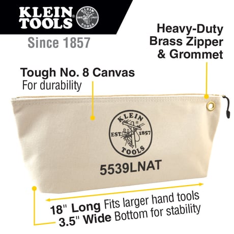 【KLEIN TOOLS】5539LNAT Zipper Bag, Large Canvas Tool Pouch, 18インチ-Natural
