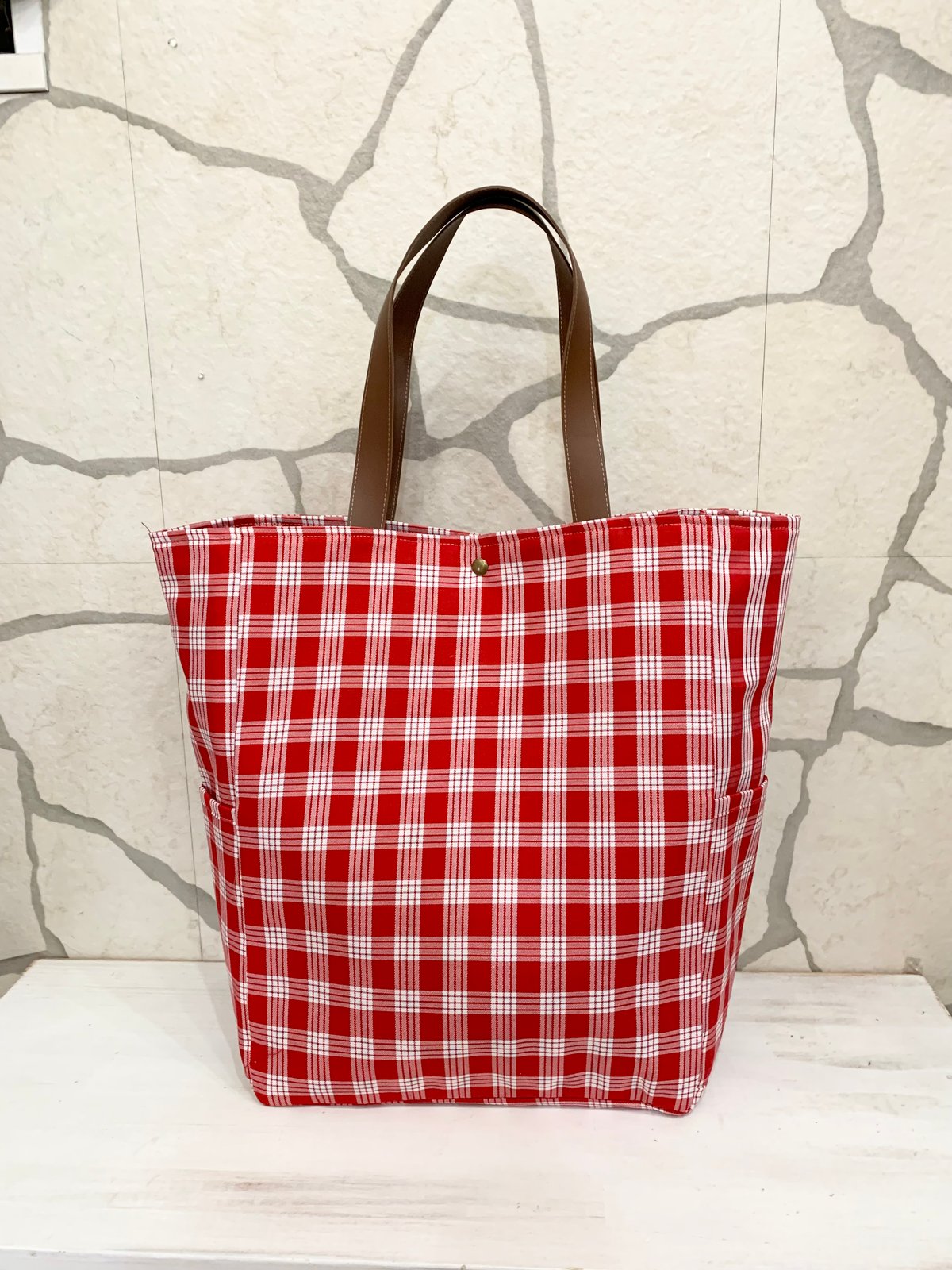 ♡ハンドメイド♡ ビッグバケツトートバッグ＊レッド　パラカチェック＊ パラカ ビッグトートバッグ | Mariee's